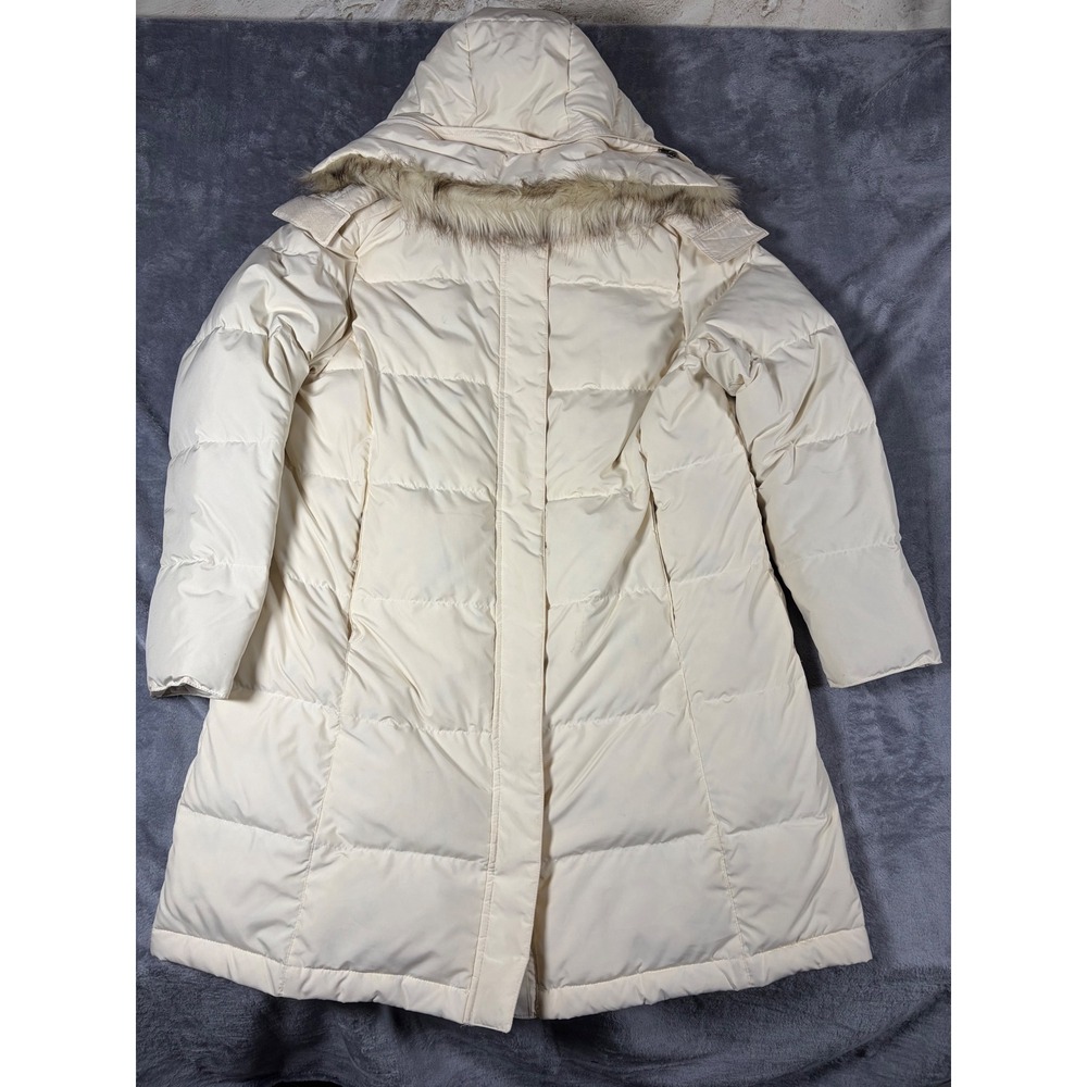 LL Bean Womens Down Hooded Puffer Coat Cream Quilted Long Parka Jacket L PET